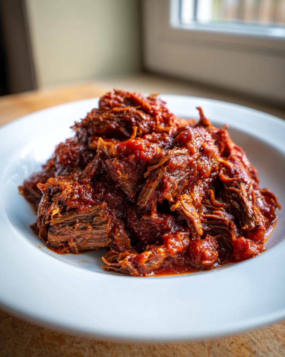 Close-up of rich, shredded meat coated in a deep red tomato sauce, ready to be served as Braised Steak Ragu.