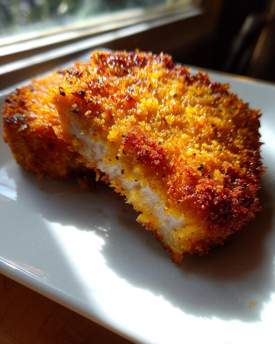 Close-up of a perfectly golden and crispy Breaded Baked Pork Chop showing the white meat inside.