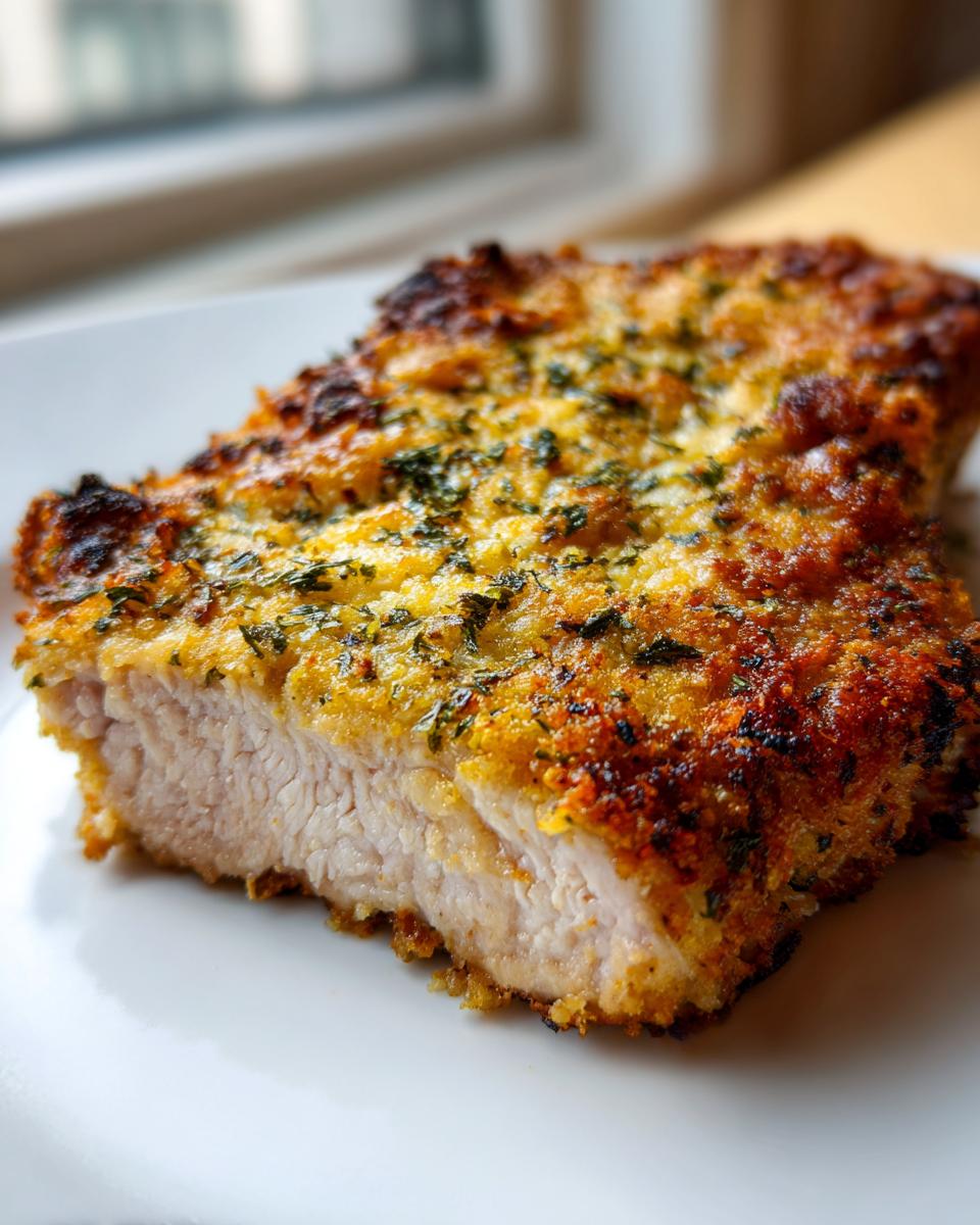 Close-up of a perfectly cooked Breaded Baked Pork Chop, showing the juicy interior and crispy, golden-brown crust.