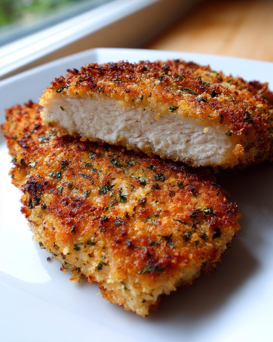 Close-up of two Breaded Baked Pork Chops, one cut to show the juicy white interior and crispy golden crust.