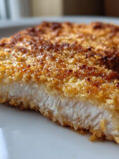 Close-up of a perfectly cooked Breaded Baked Pork Chop showing a juicy white interior and golden, crispy breading.