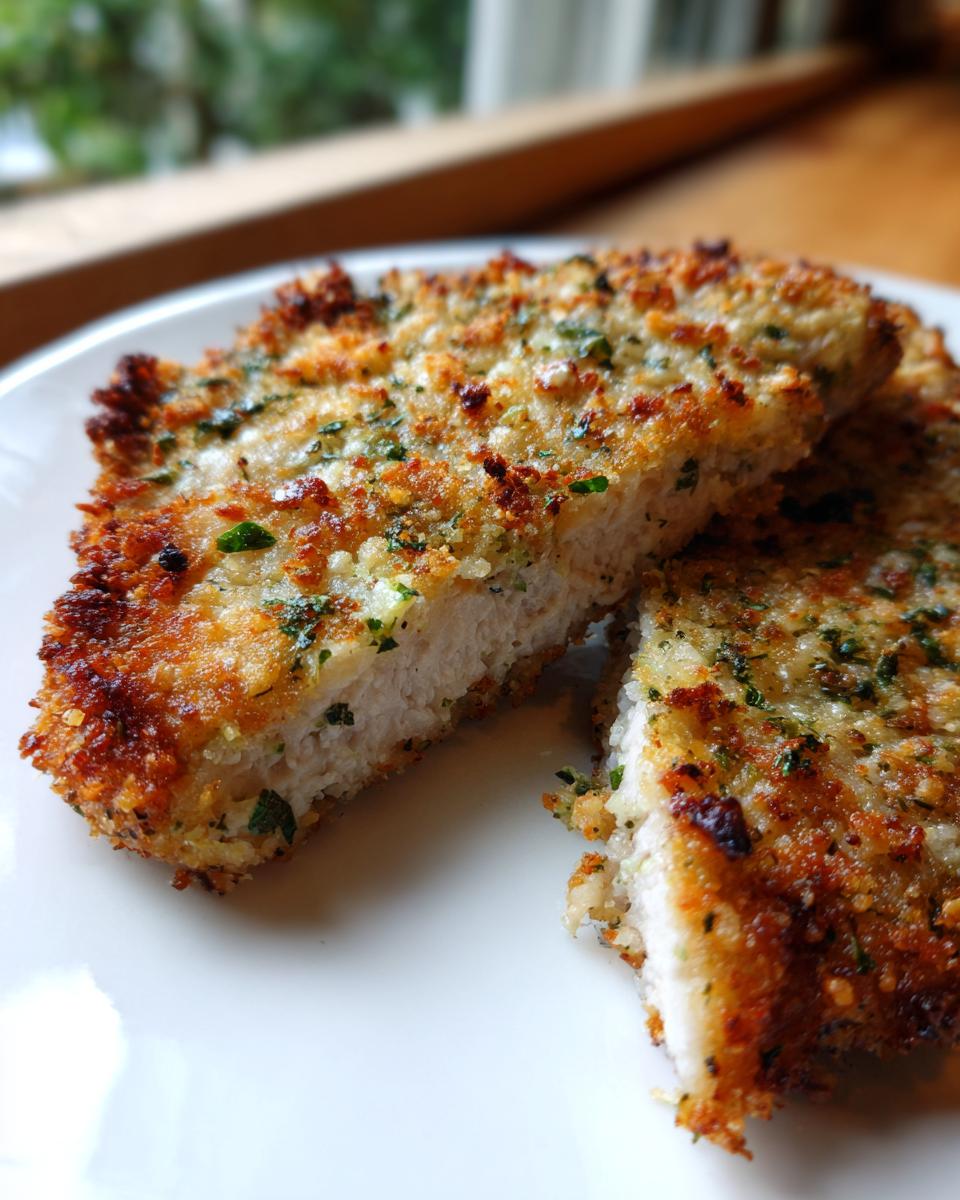 Close-up of two halves of Breaded Baked Pork Chops showing the juicy white interior and crispy, golden-brown herb crust.
