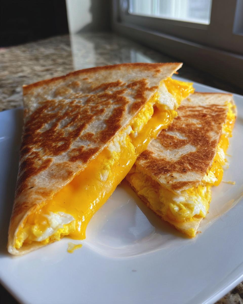Two triangular halves of a golden-brown Breakfast Quesadilla filled with fluffy scrambled eggs and melted cheddar cheese.