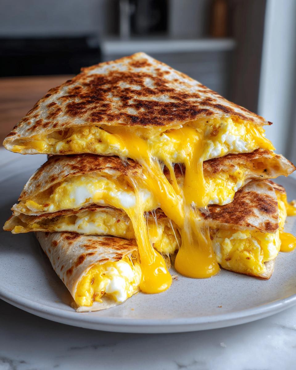 A stack of three folded Breakfast Quesadillas filled with scrambled eggs and dripping with melted yellow cheese.