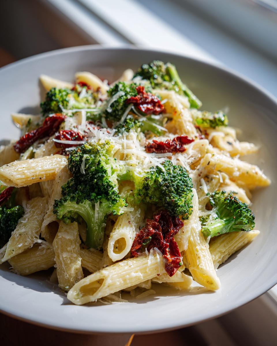 A close-up view of a bowl of creamy Broccoli And Sun Dried Tomato Pasta topped with grated Parmesan cheese.