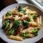 A close-up, appetizing shot of Broccoli And Sun Dried Tomato Pasta served in a white bowl, topped with grated cheese.