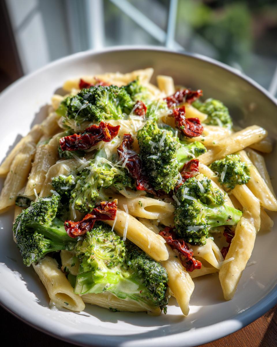 A close-up shot of creamy penne pasta mixed with bright green broccoli florets and deep red sun-dried tomatoes, topped with grated cheese. This is our Broccoli And Sun Dried Tomato Pasta.
