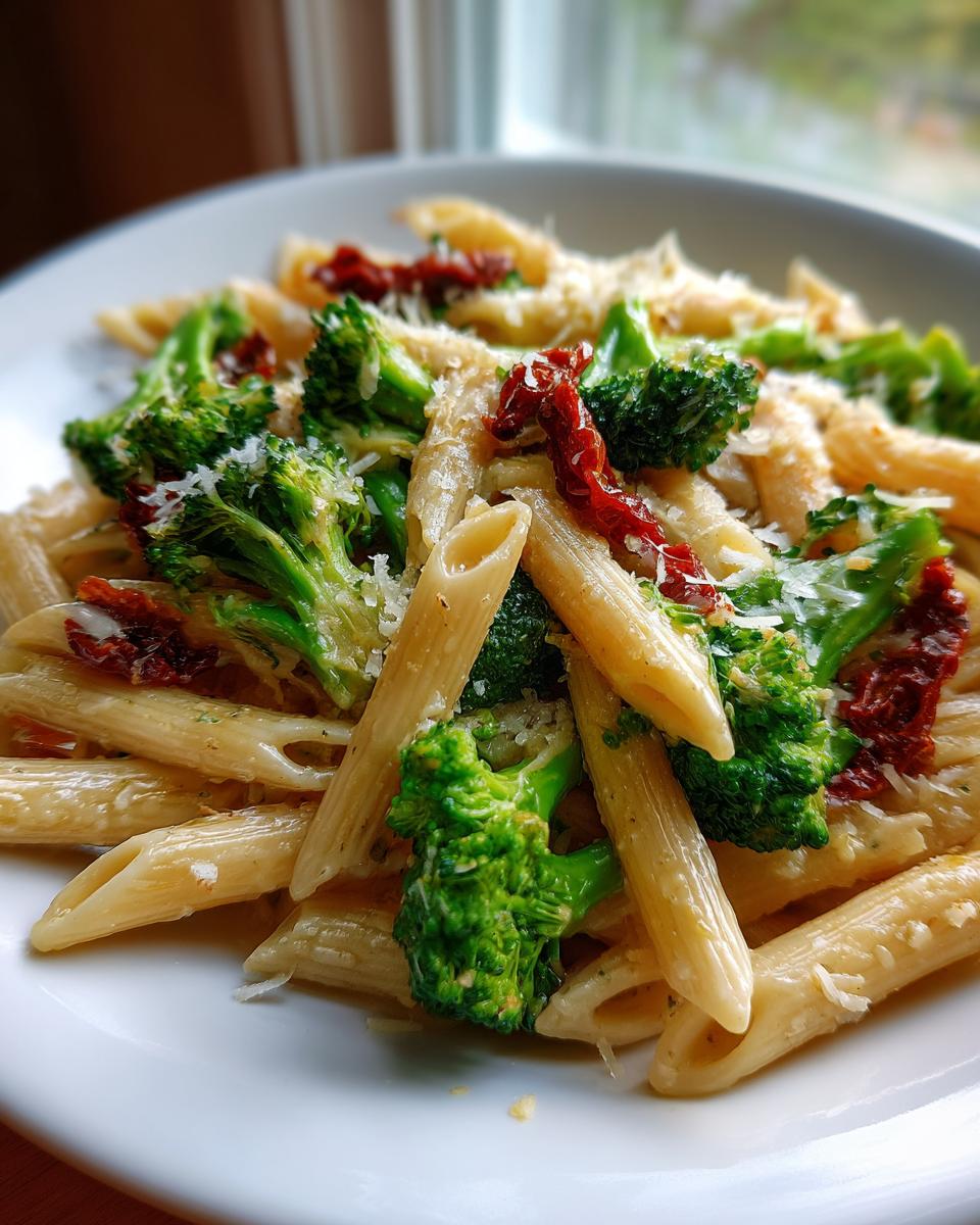 A close-up of creamy penne pasta mixed with bright green broccoli florets and dark red sun dried tomatoes, topped with grated cheese.