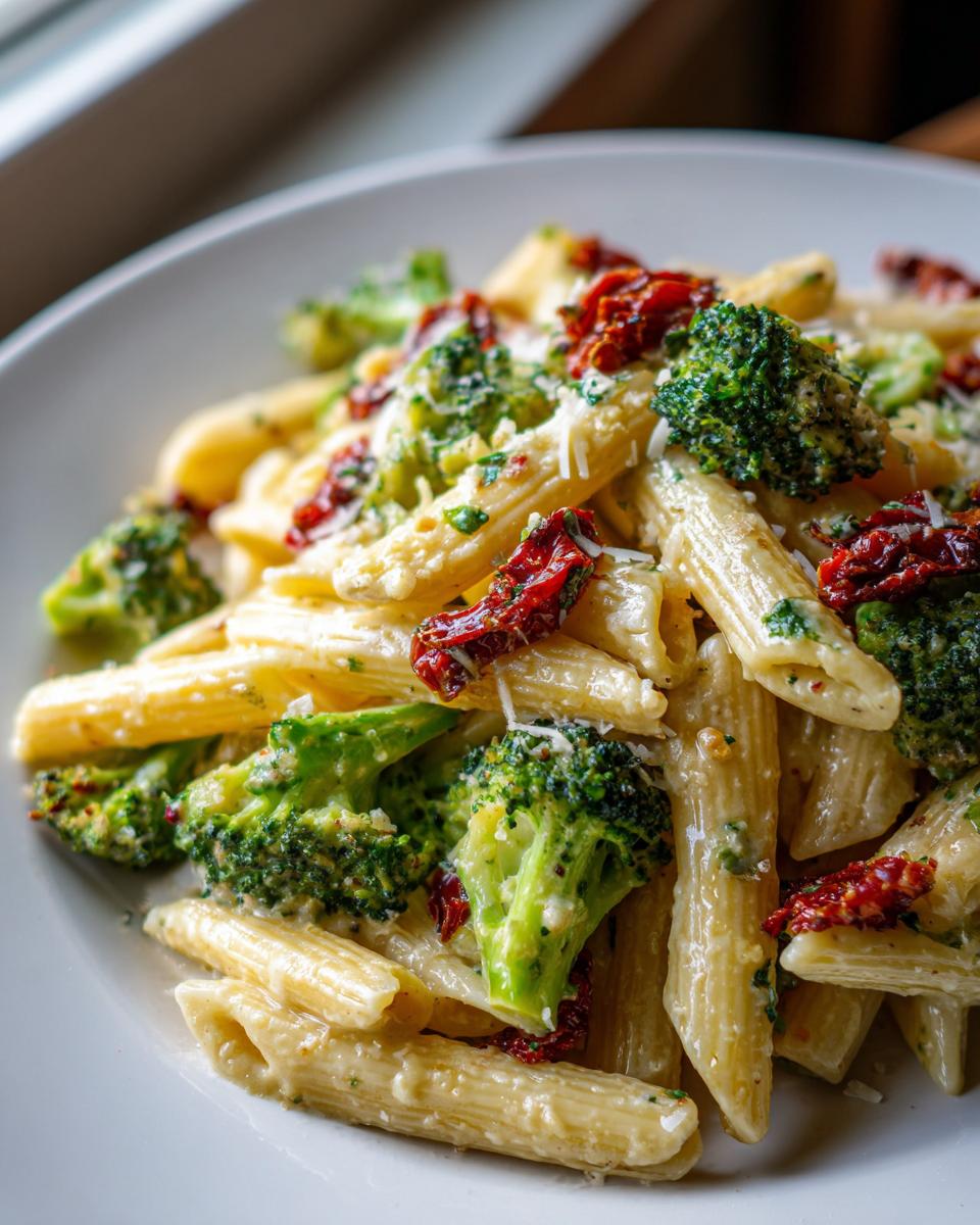 A close-up shot of creamy penne pasta mixed with bright green broccoli florets and deep red sun dried tomatoes, featuring Broccoli And Sun Dried Tomato Pasta.