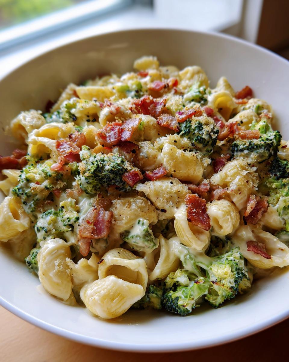A close-up of a white bowl filled with creamy Broccoli Bacon Macaroni And Cheese, topped with crispy bacon bits.