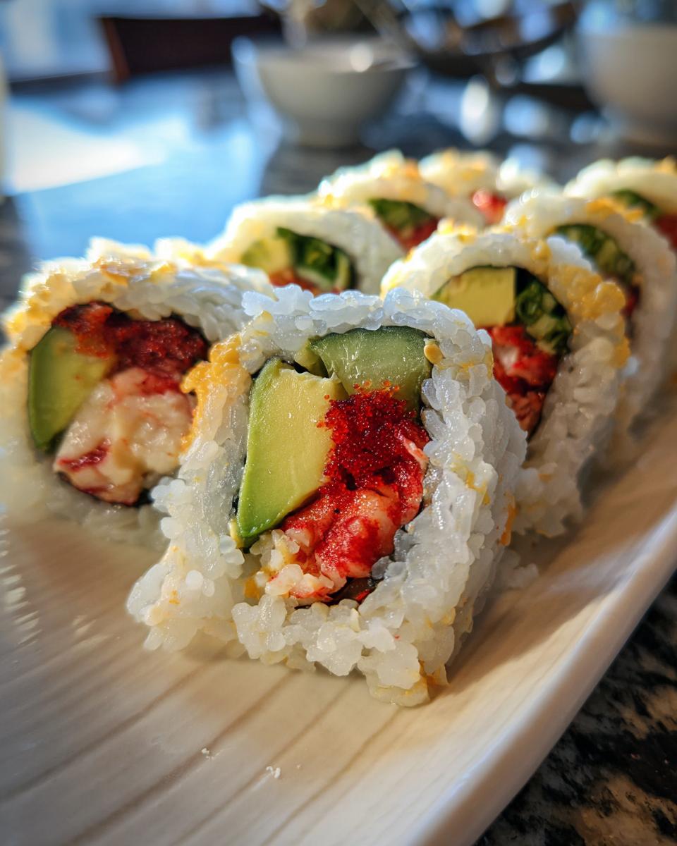 Close-up of a delicious California Roll sushi, showcasing avocado, cucumber, and imitation crab filling with red tobiko.