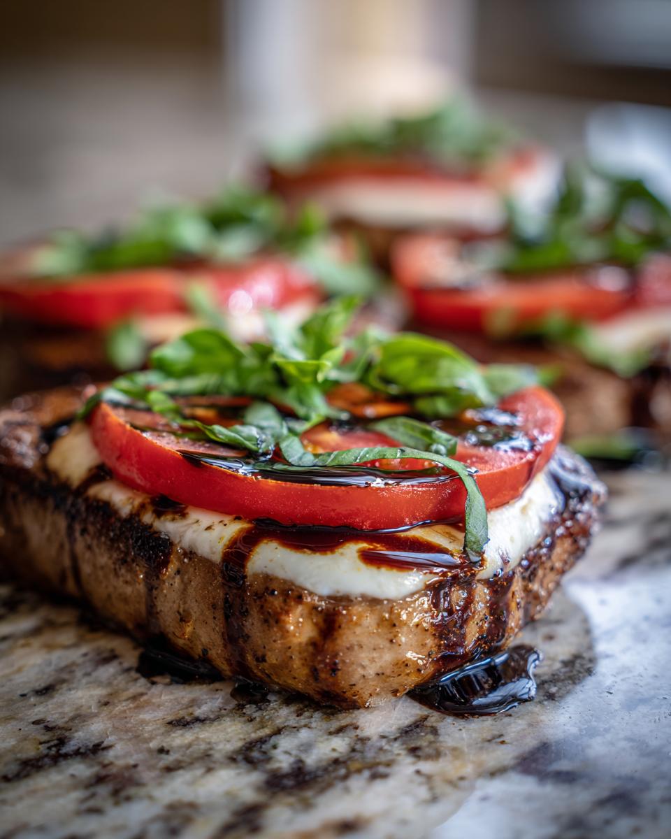 A close-up of a Caprese Pork Chop topped with melted mozzarella, tomato, basil, and drizzled with balsamic glaze.