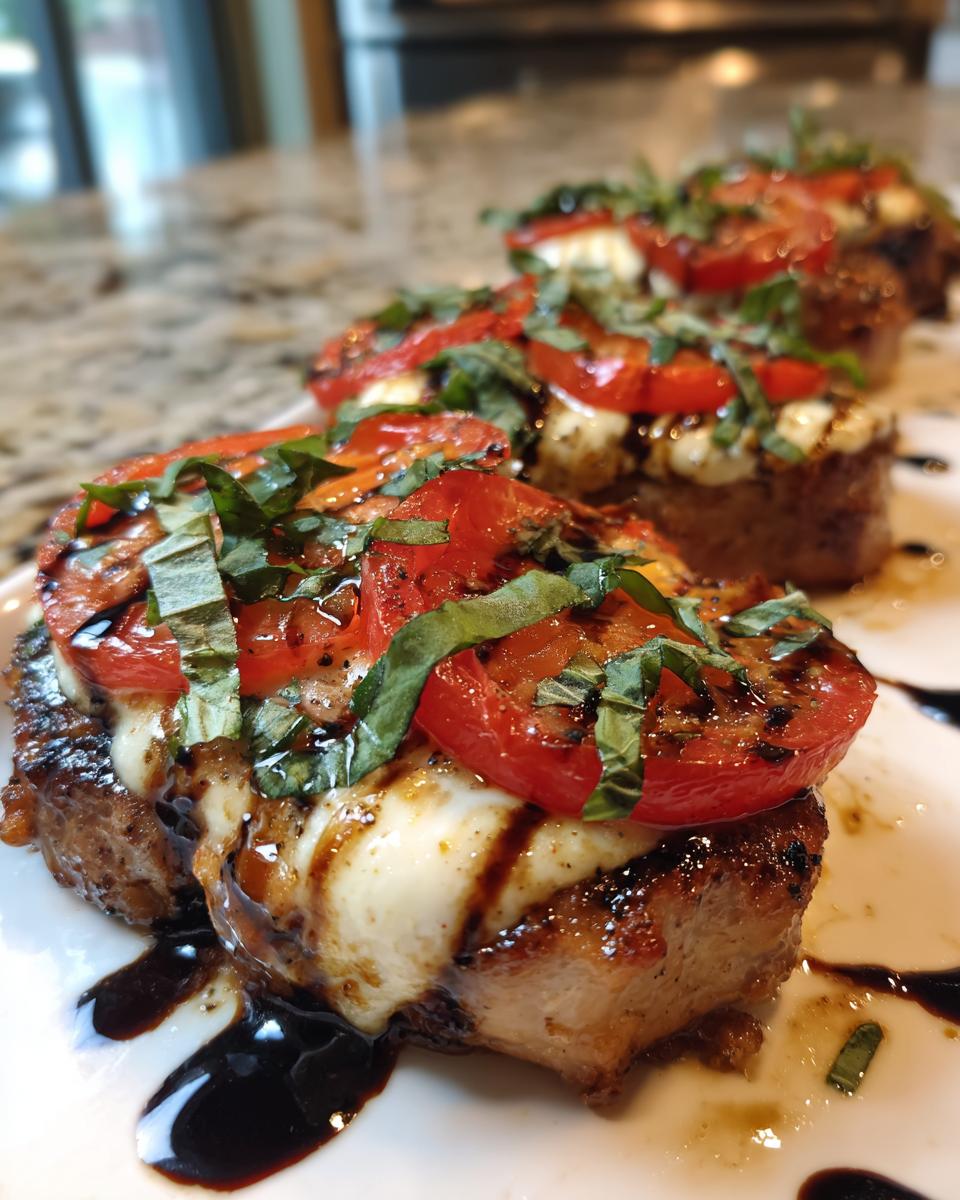 Close-up of Caprese Pork Chops topped with melted mozzarella, grilled tomatoes, and fresh basil, drizzled with balsamic glaze.