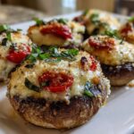 Close-up of baked Caprese Stuffed Mushrooms topped with melted cheese, cherry tomatoes, and fresh basil.