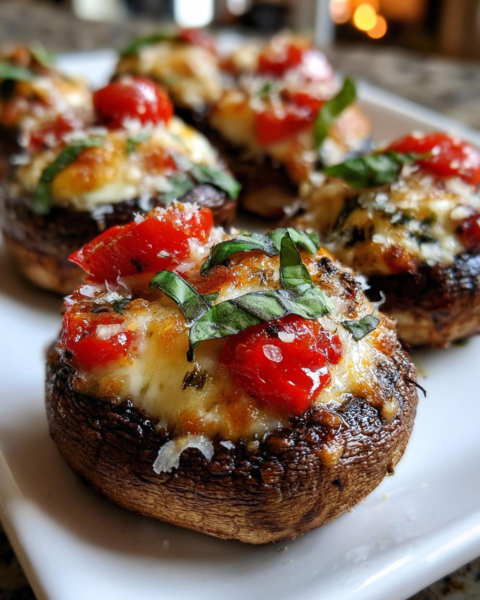 Close-up of baked Caprese Stuffed Mushrooms topped with melted cheese, cherry tomatoes, and fresh basil.