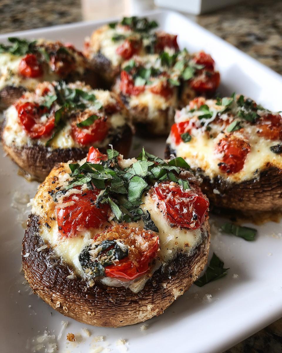 Several baked Caprese Stuffed Mushrooms topped with melted mozzarella, roasted tomatoes, and fresh basil.