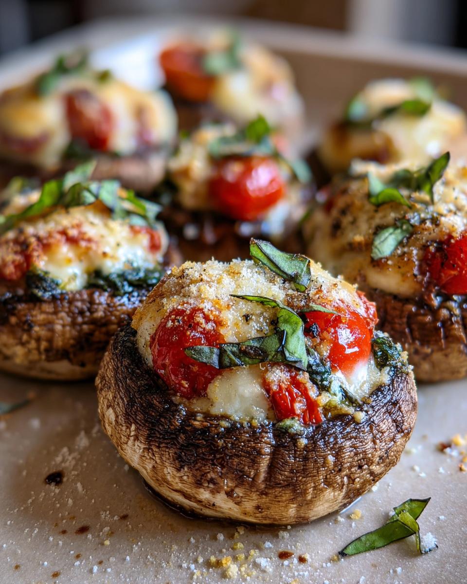 Close-up of baked Caprese Stuffed Mushrooms topped with melted mozzarella, cherry tomatoes, and fresh basil.