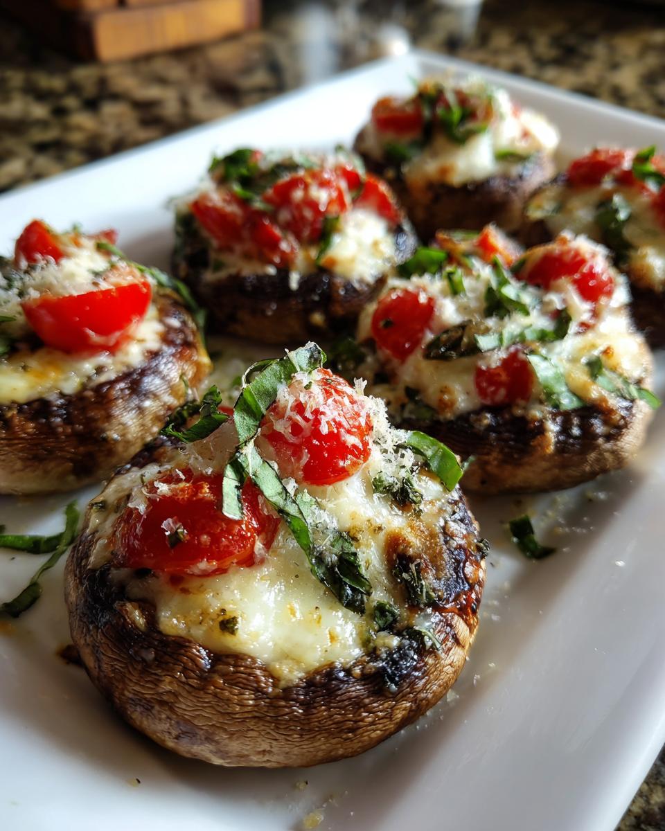 Several baked Caprese Stuffed Mushrooms topped with melted mozzarella, cherry tomatoes, basil, and Parmesan cheese.