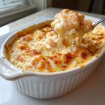 A spoonful of hot, cheesy Baked Shrimp Dip being lifted from a white oval baking dish, showing melted, stretchy cheese.