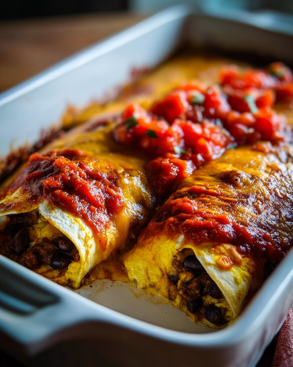 Close-up of baked Breakfast Enchiladas covered in melted cheese, red sauce, and salsa, showing black bean filling.