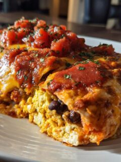 Close-up of cheesy Breakfast Enchiladas cut open to show scrambled eggs and black beans inside, topped with red salsa and herbs.