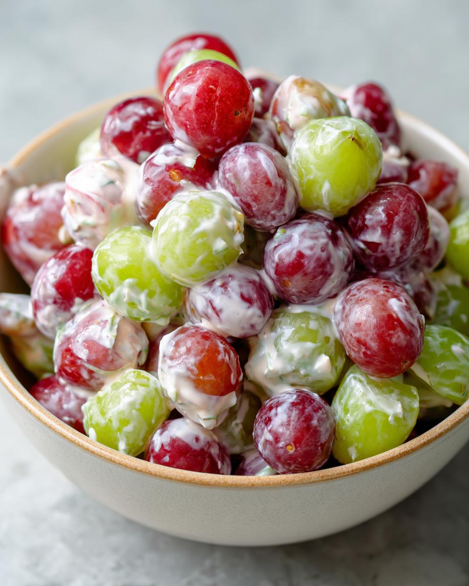 Close-up of a bowl filled with red and green grapes coated in a creamy dressing, featuring the Irresistible Chicken Salad Chick Grape Salad.