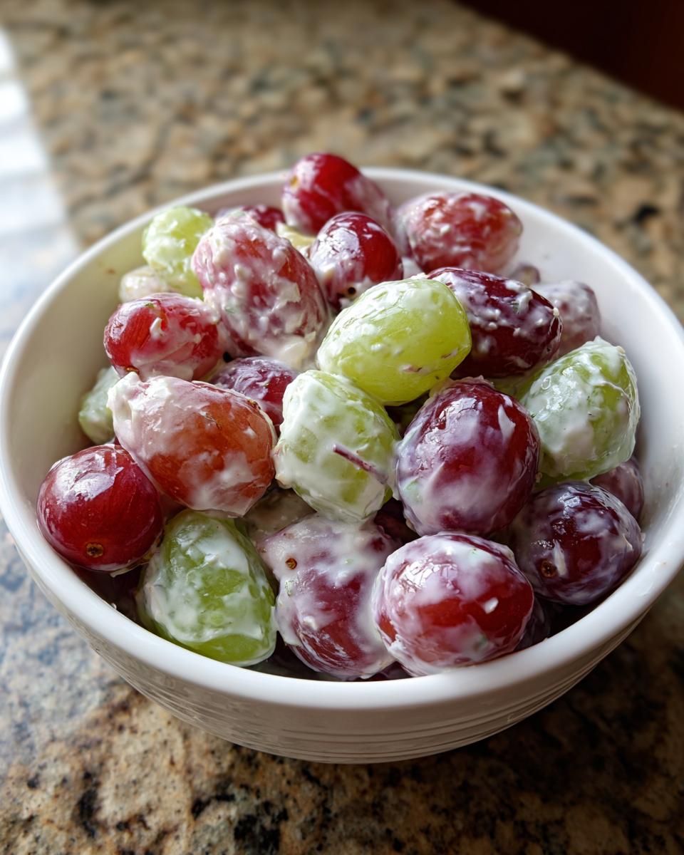 Close-up of a white bowl filled with red and green grapes coated in a creamy dressing, showcasing the Irresistible Chicken Salad Chick Grape Salad Recipe.
