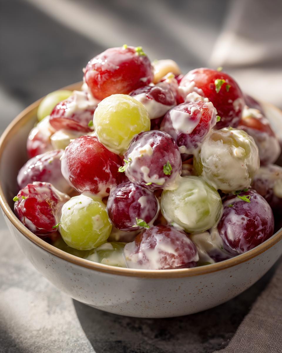 A close-up of a bowl filled with red and green grapes coated in a creamy dressing, part of the Irresistible Chicken Salad Chick Grape Salad recipe.