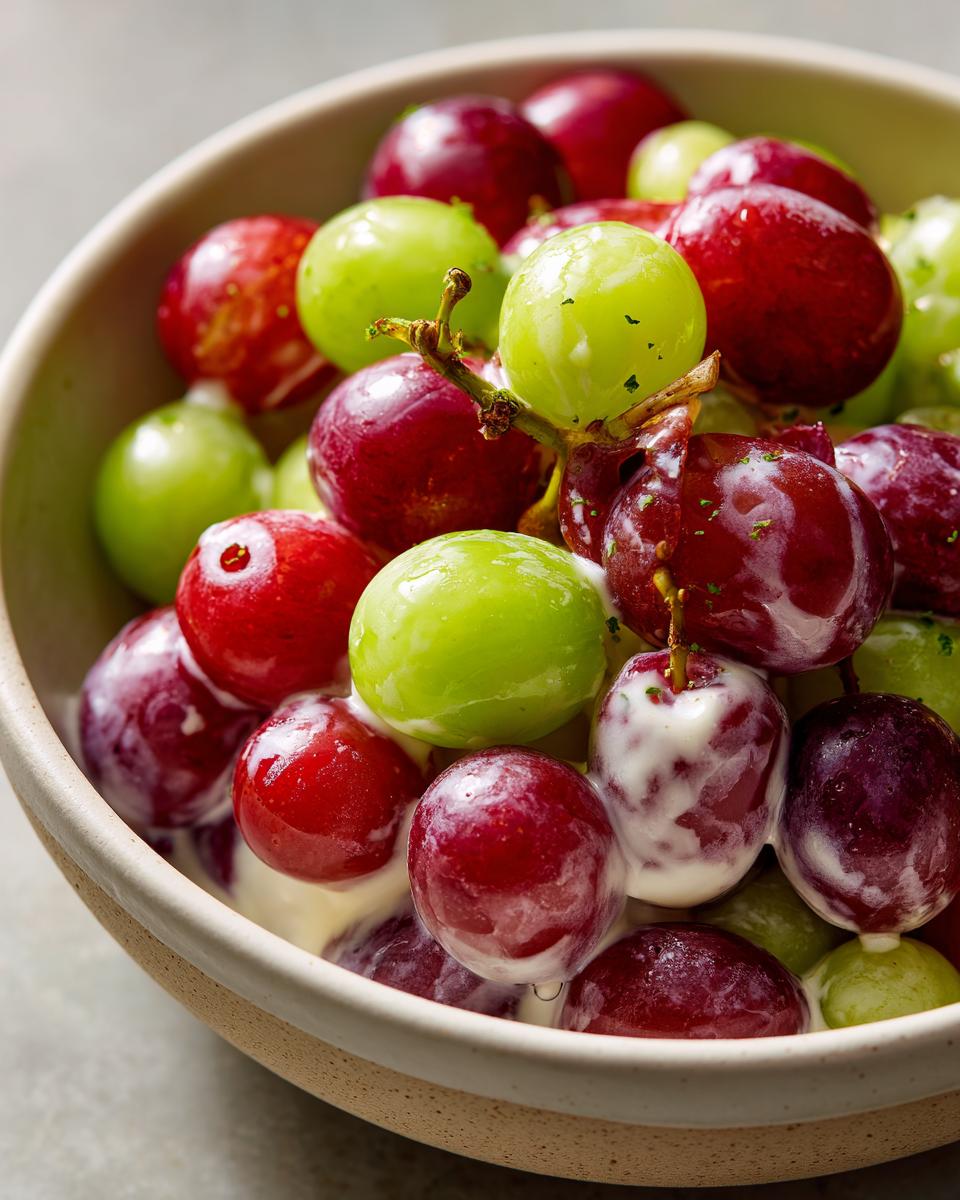 Close-up of a bowl filled with red and green grapes coated in a creamy dressing, a signature of the Irresistible Chicken Salad Chick Grape Salad recipe.