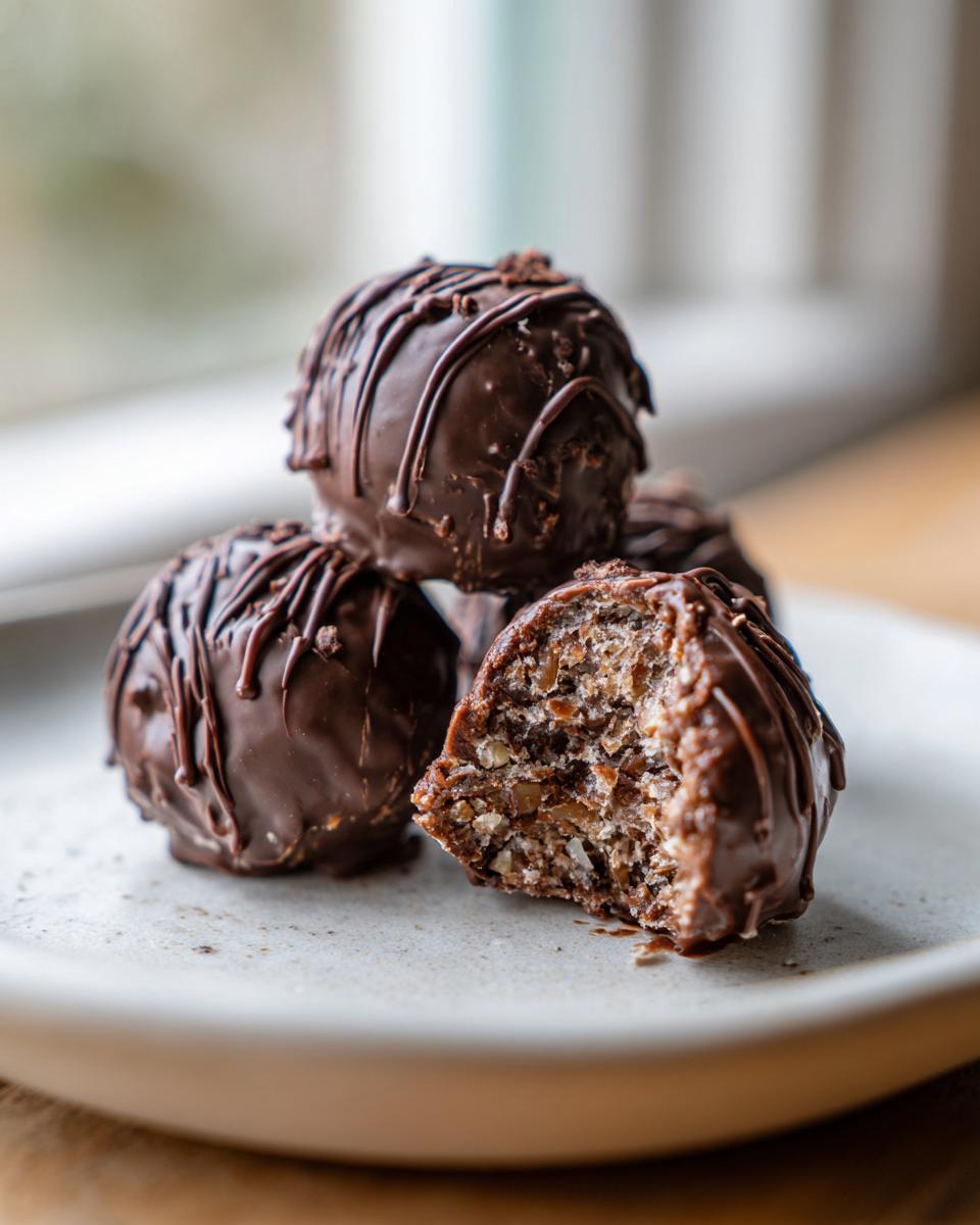 A stack of rich, chocolate-covered Bourbon Balls, one bitten open revealing the nutty interior.