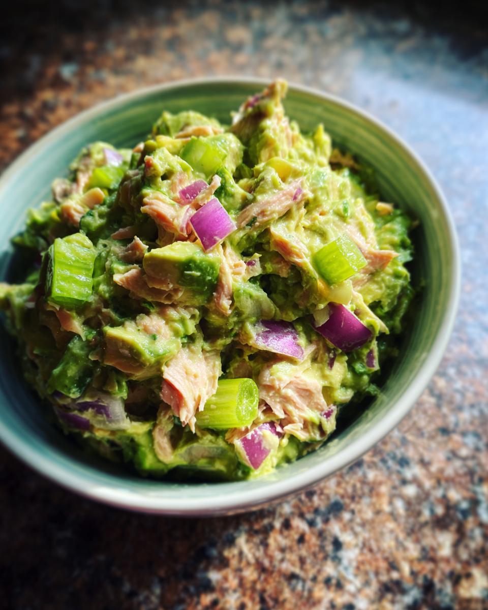 A close-up of Creamy Avocado Tuna Salad in a teal bowl, featuring chunks of avocado, tuna, red onion, and celery.