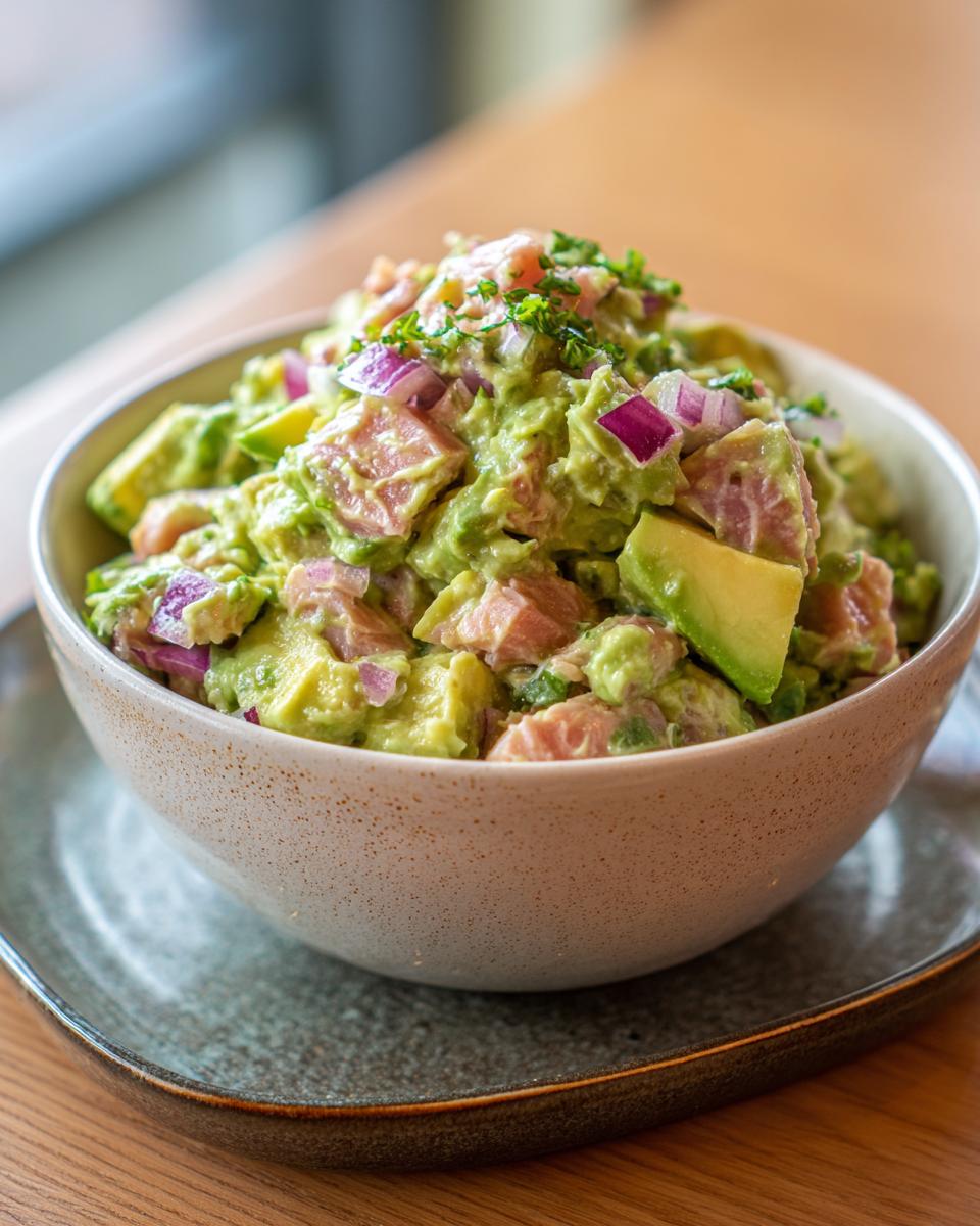 Close-up of a bowl filled with Creamy Avocado Tuna Salad, featuring chunks of tuna, avocado, and red onion, topped with fresh herbs.