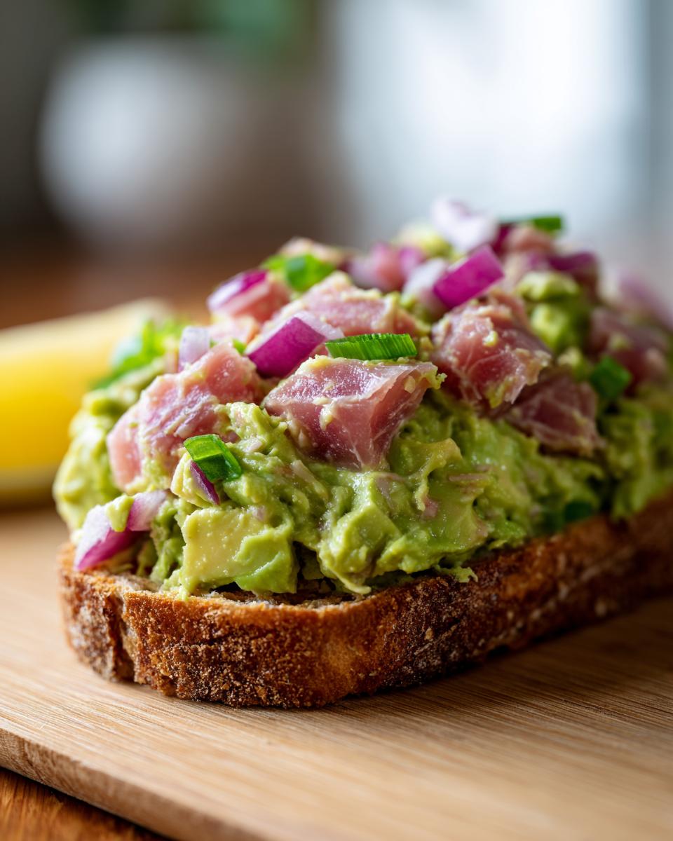 Close-up of Creamy Avocado Tuna Salad on toast, topped with diced tuna, red onion, and green onions.