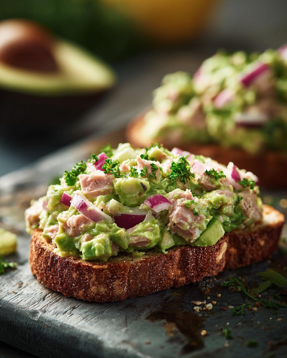Close-up of creamy avocado tuna salad with red onion and parsley on toasted bread.