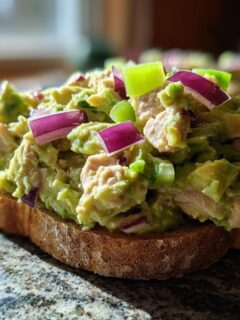 Close-up of Creamy Avocado Tuna Salad piled high on a slice of toasted bread, topped with red onion and scallions.
