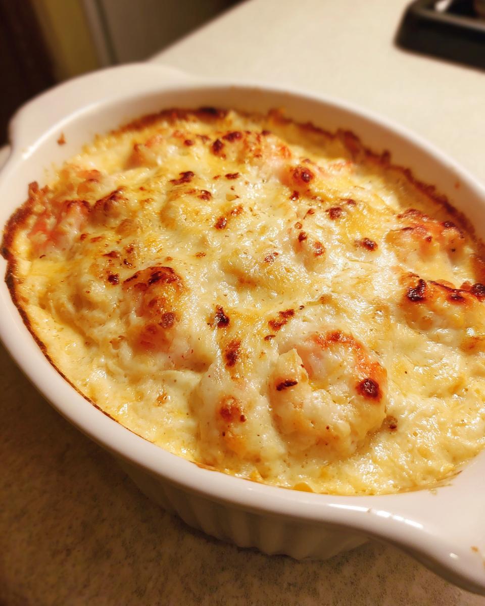 Close-up of a creamy, bubbly Baked Shrimp Dip with visible shrimp pieces and a golden-brown cheesy top.