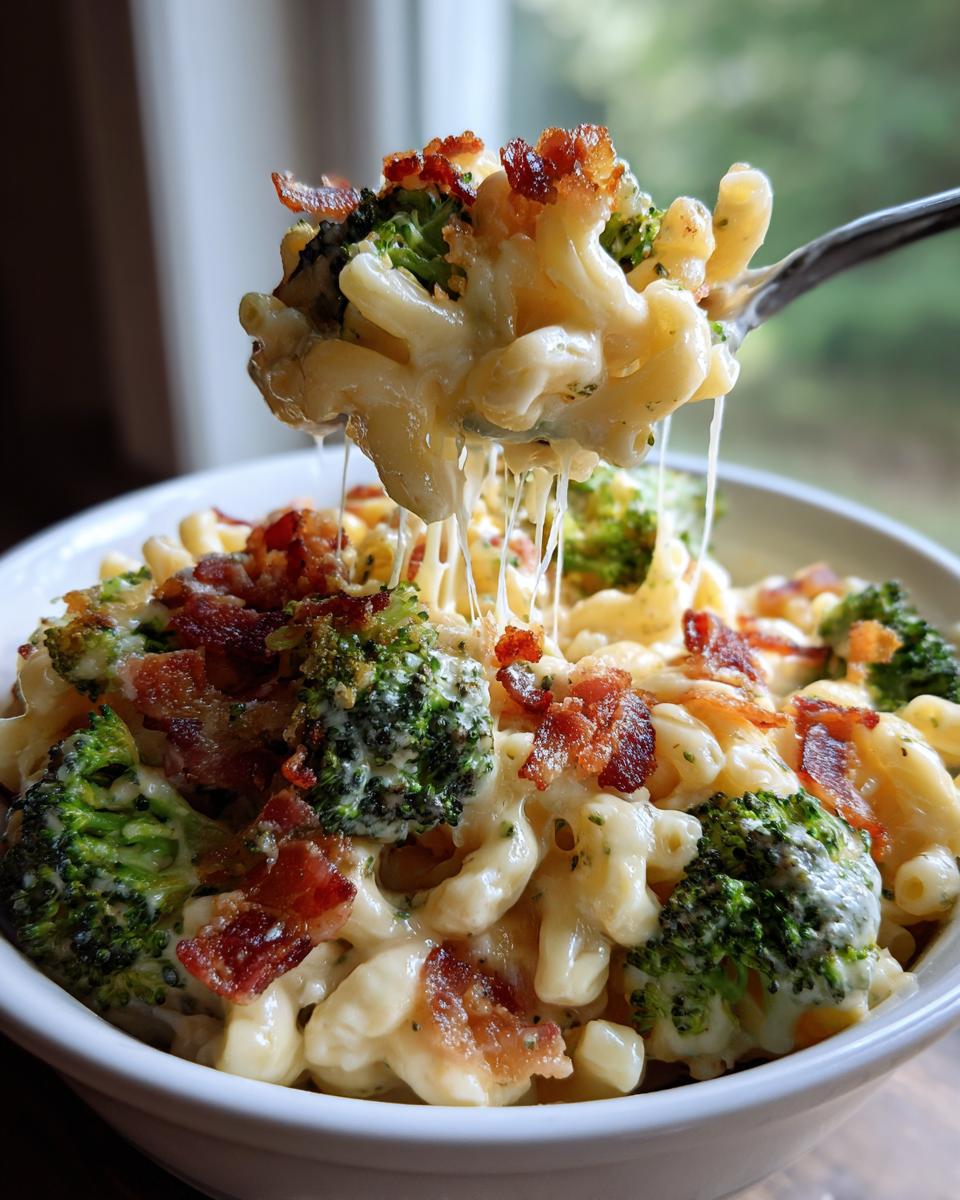 A spoonful of creamy Broccoli Bacon Macaroni And Cheese showing long cheese pulls over a white bowl.