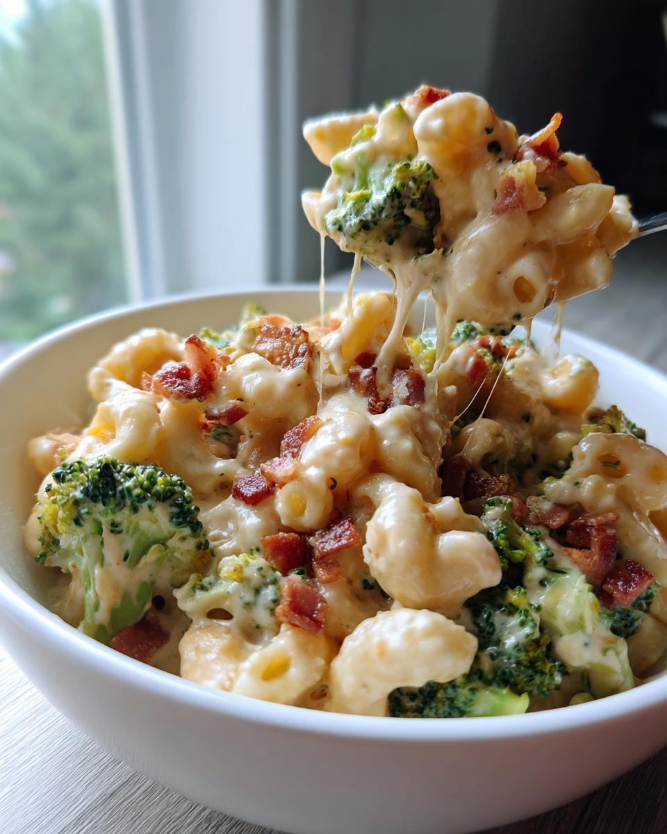 A spoonful of creamy Broccoli Bacon Macaroni And Cheese being lifted from a white bowl, showing cheese pull.