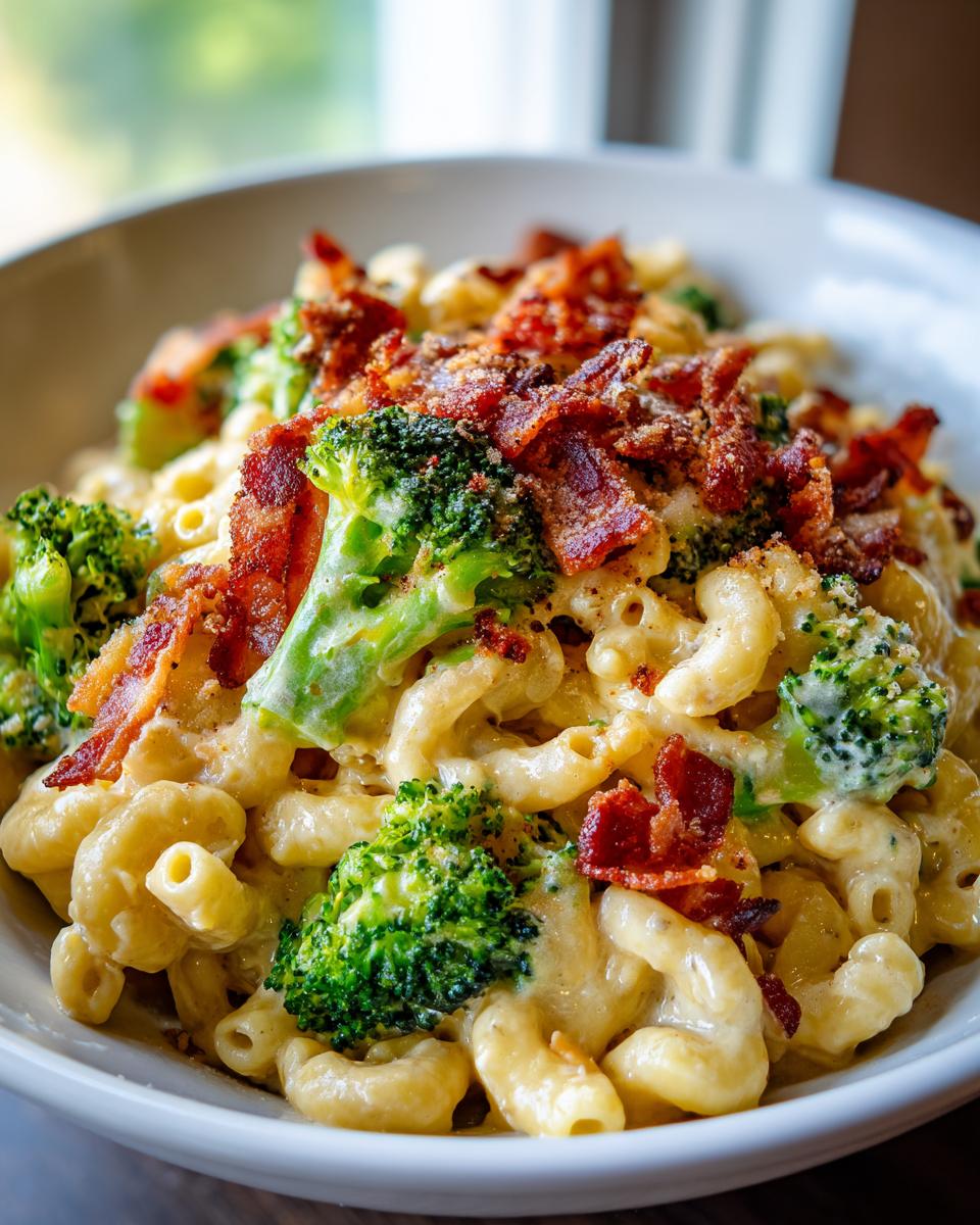 Close-up of creamy Broccoli Bacon Macaroni And Cheese topped with crispy bacon bits and green broccoli florets.