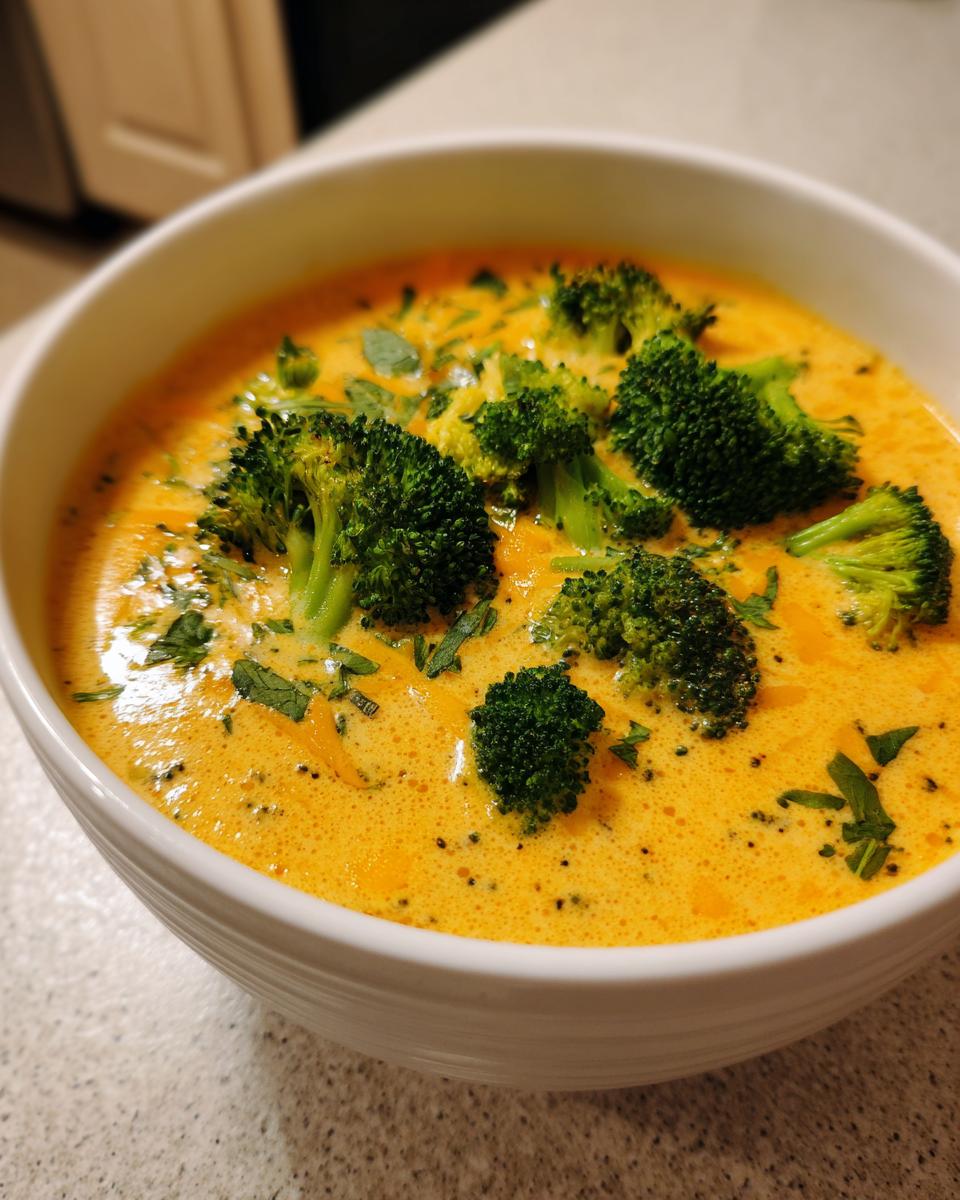 A close-up of a bowl of vibrant orange Broccoli Cheese Soup topped with fresh broccoli florets and herbs.