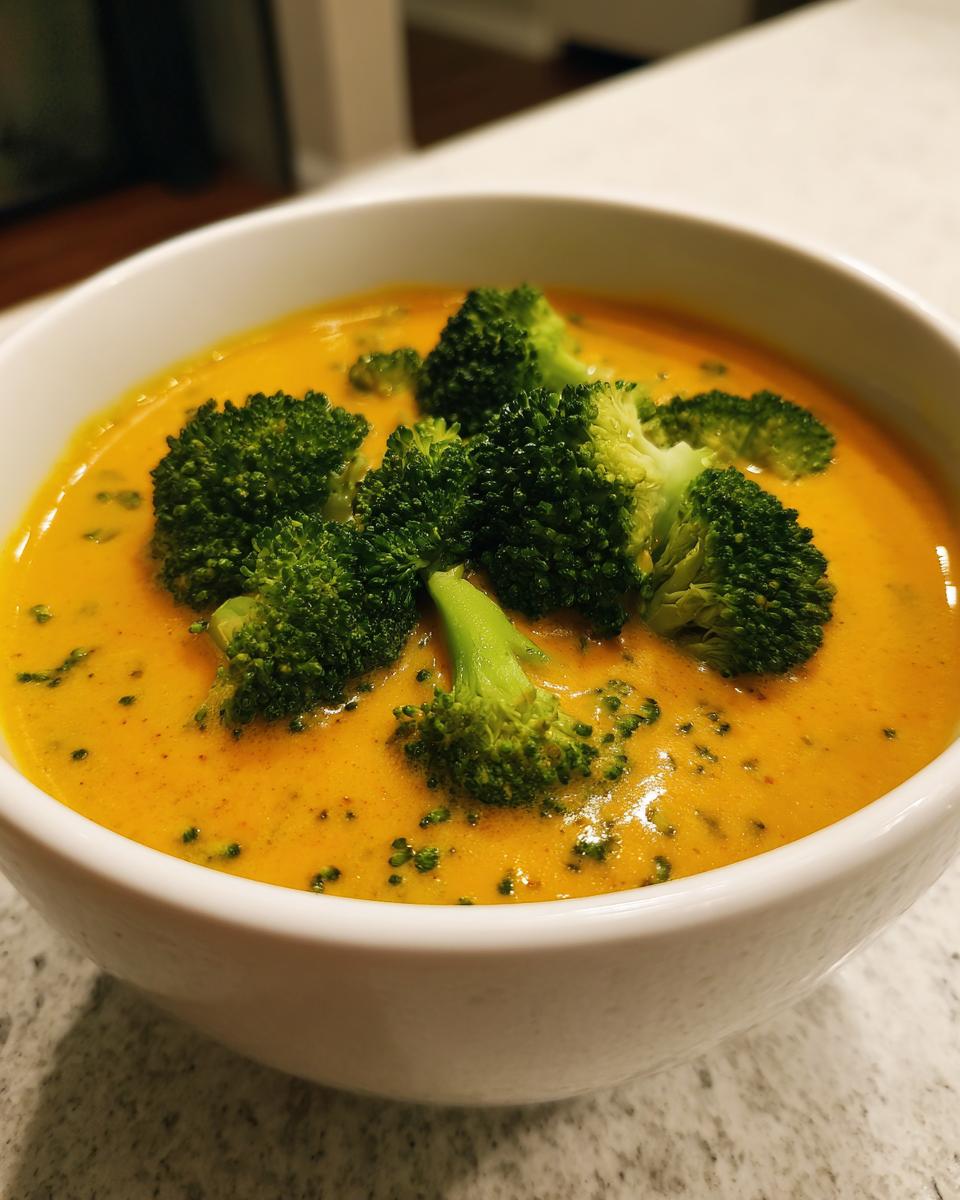 Close-up of a white bowl filled with vibrant orange Broccoli Cheese Soup, topped with fresh green broccoli florets.