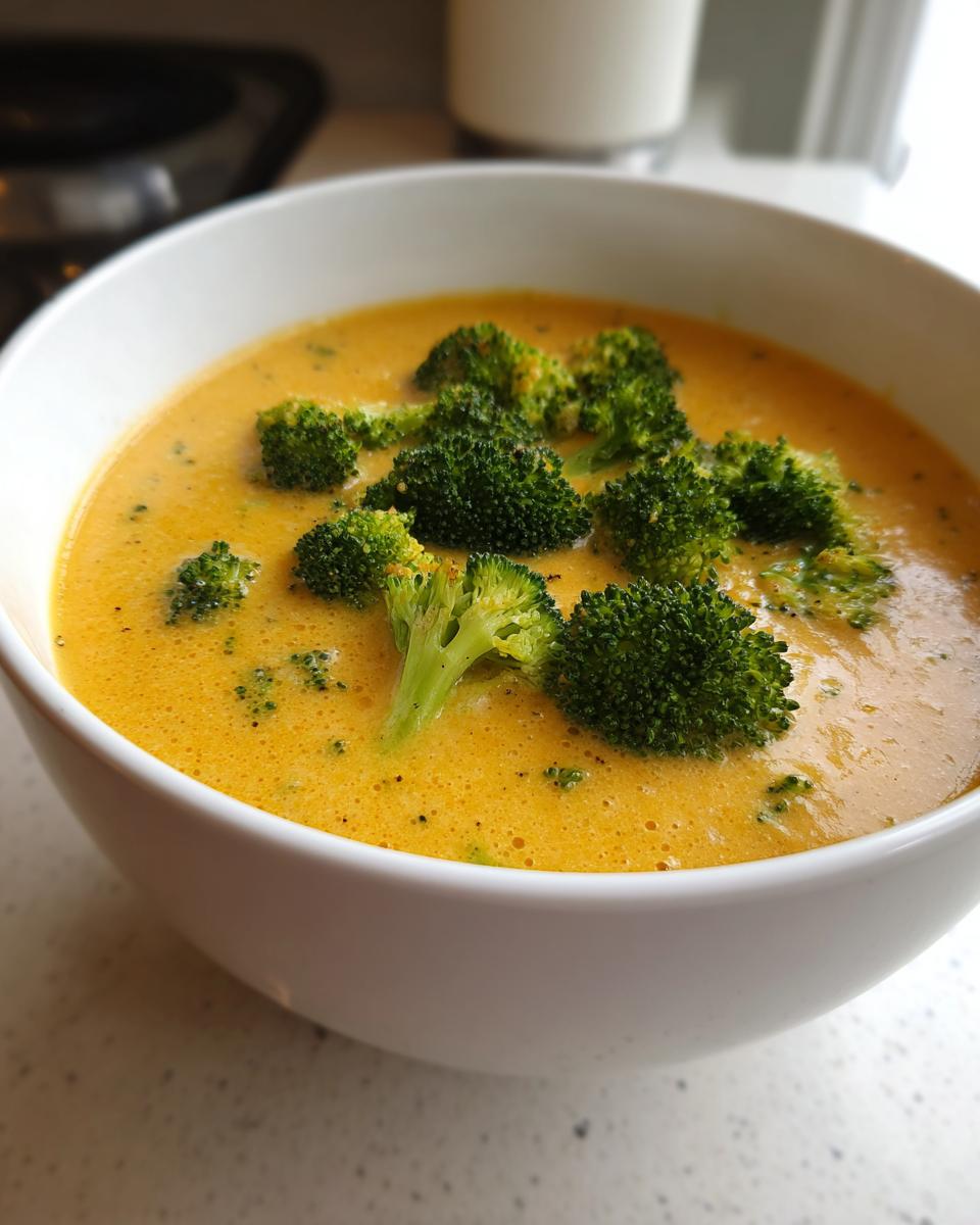 A close-up of a bowl of vibrant orange Broccoli Cheese Soup topped with bright green broccoli florets.