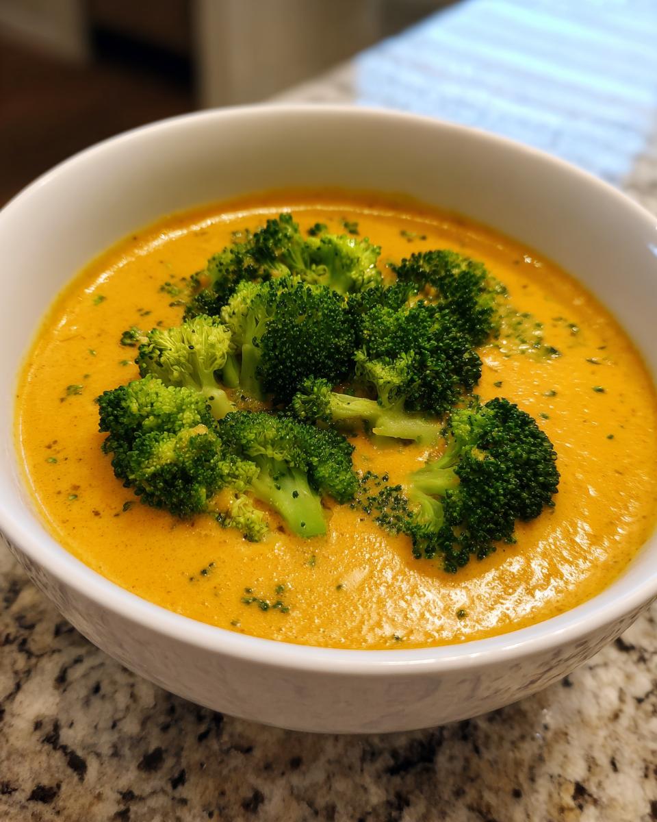 A close-up of vibrant orange Broccoli Cheese Soup topped with bright green steamed broccoli florets.