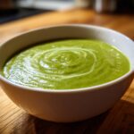 Close-up of a bowl of vibrant green Broccoli Potato Soup, swirled with cream, sitting on a wooden surface.