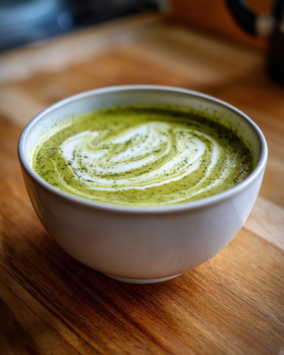 Close-up of creamy Broccoli Potato Soup topped with a white cream swirl and green specks.