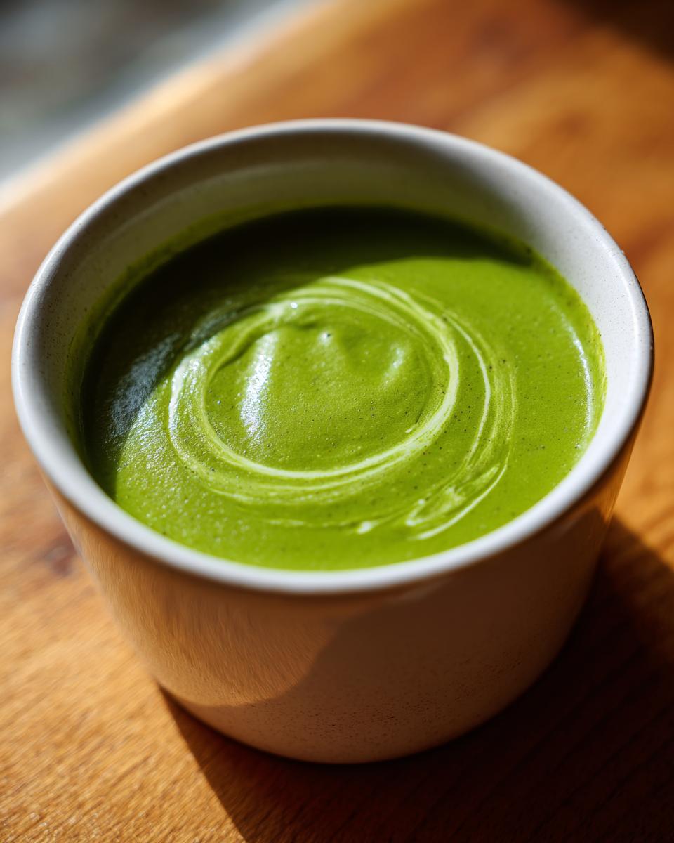 Close-up of a vibrant green, creamy Broccoli Potato Soup in a white bowl with a swirl of cream.