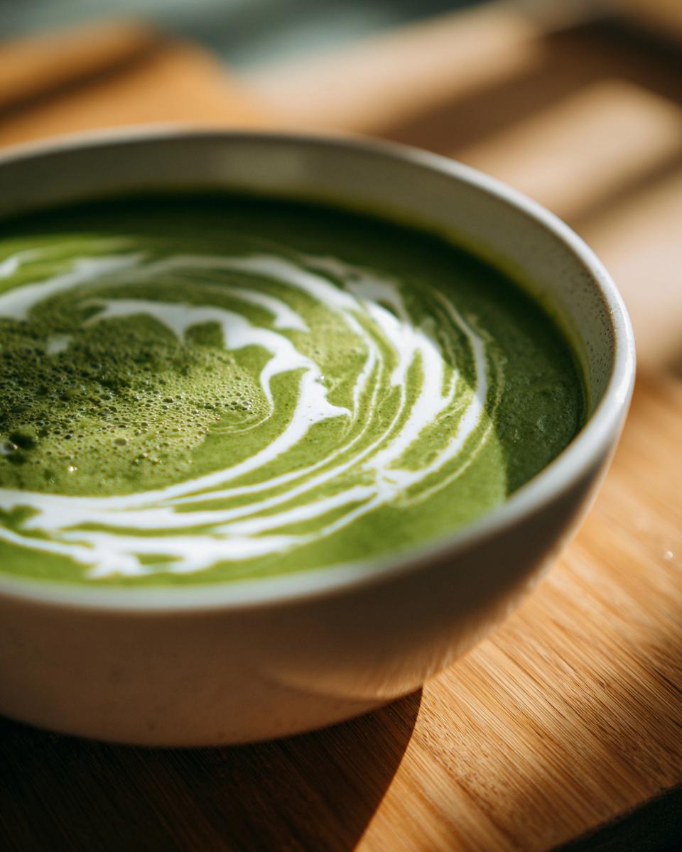 Close-up of vibrant green Broccoli Potato Soup topped with a white cream swirl.