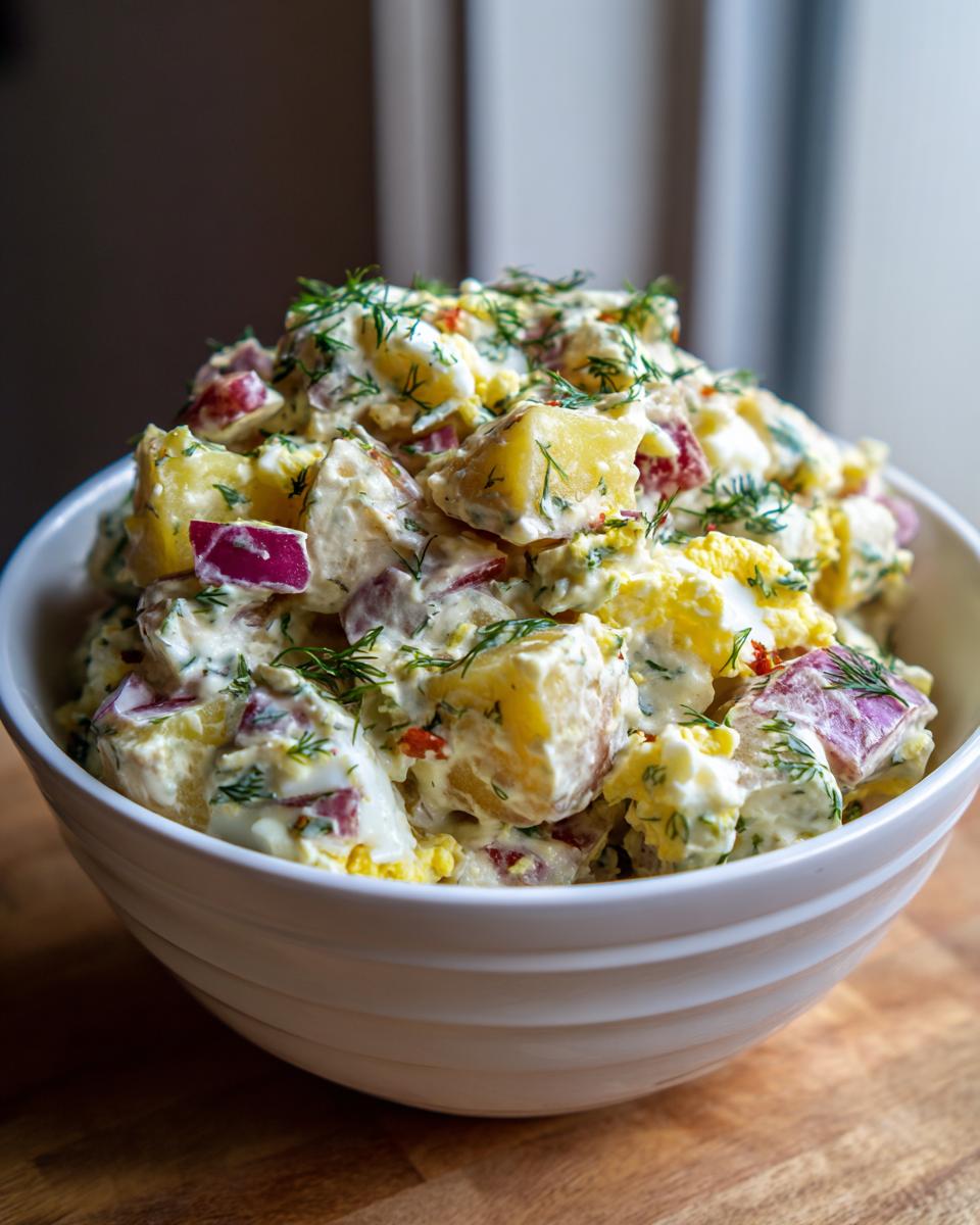 A close-up of a bowl filled with creamy potato salad with egg, red onion, and dill.