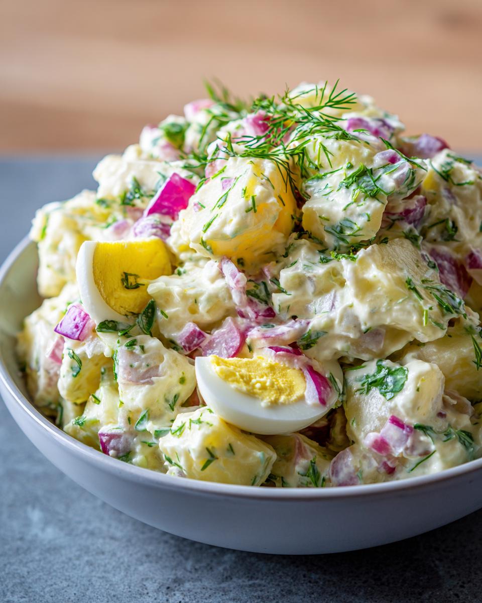 A close-up of creamy potato salad with egg, red onion, and fresh dill in a white bowl.