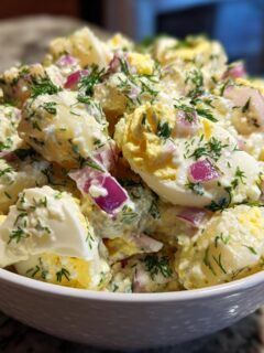 A white bowl filled with creamy potato salad with egg, red onion, and fresh dill.
